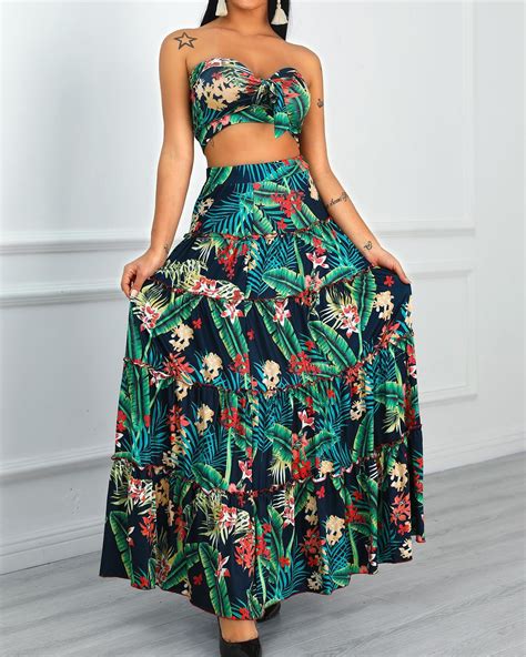 tropical print crop top and maxi skirt set