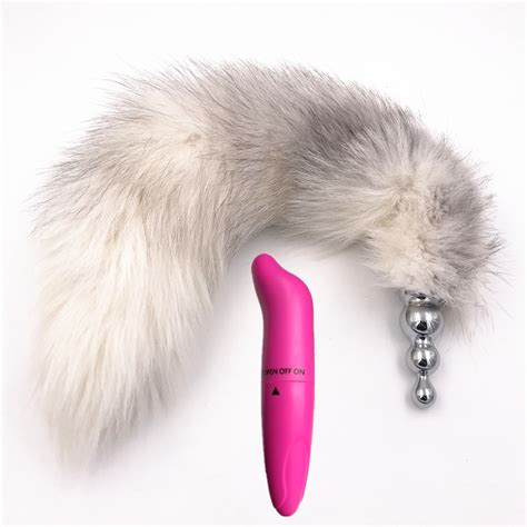 2 pcs lot vibrator and larger 50cm white gray fox tail fluffy anal plug