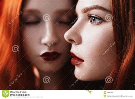 Two Red Sexual Girl With Blue Eyes And Pale Skin Stock Image Image Of