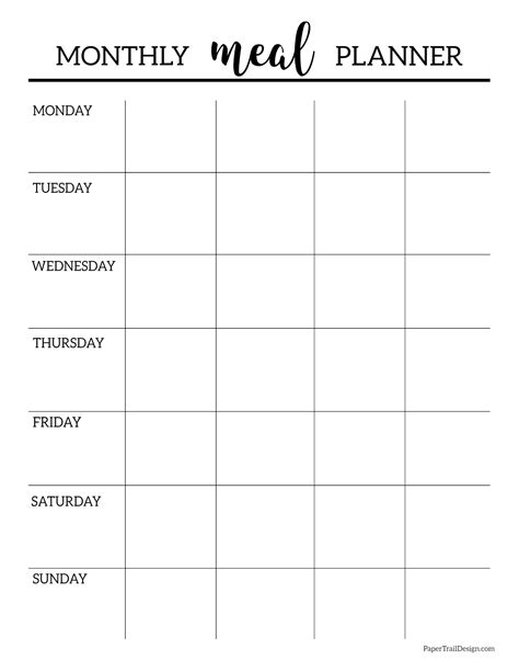 printable monthly meal planner template paper trail design