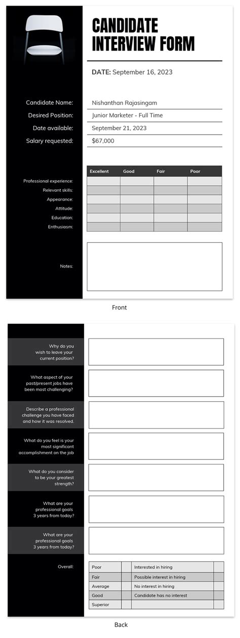 sample interview form template  document template
