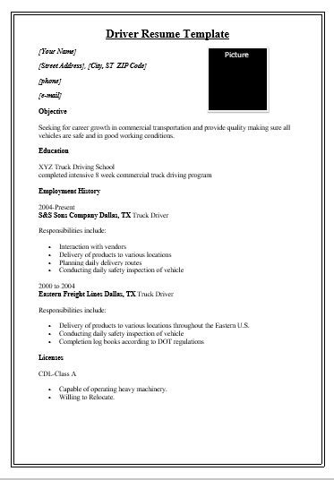 driver resume template  word templates