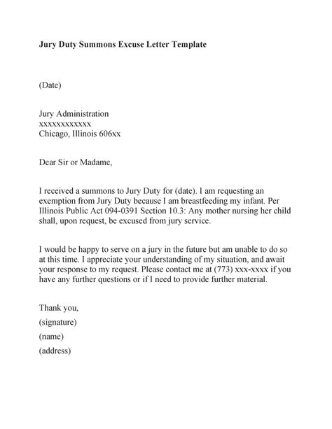 jury duty excuse letter template employer  template