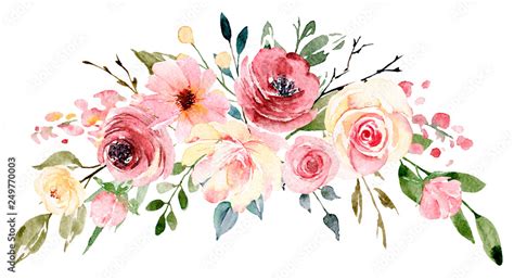 Watercolor Flowers Floral Bouquet For Greeting Card Invitation And