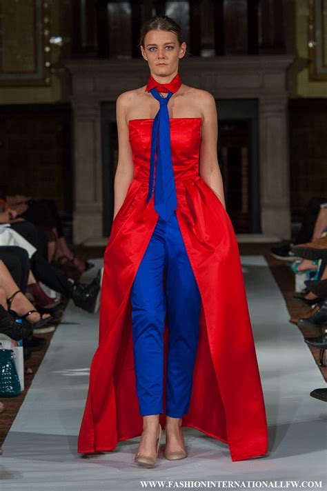lenie boya london fashion week ss  haute couture red jacket dress  blue trousers