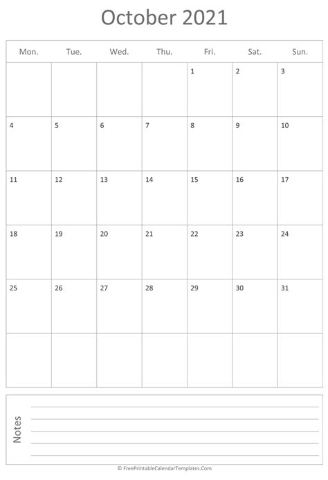 printable october calendar  vertical