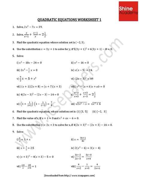 quadratic equations worksheet  quadratic equation equations