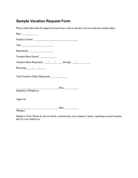 professional employee vacation request forms word templatelab