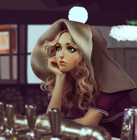 safebooru 1girl bar blonde hair blurry chin rest closed mouth