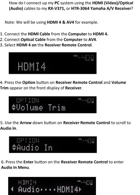 Connecting A Pc System Using The Hdmi Video Optical Audio Cables To