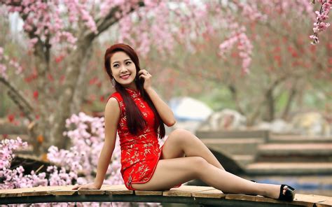 wallpaper women redhead model asian sitting high