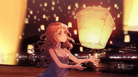 wallpaper anime girls redhead sky lanterns river city lights