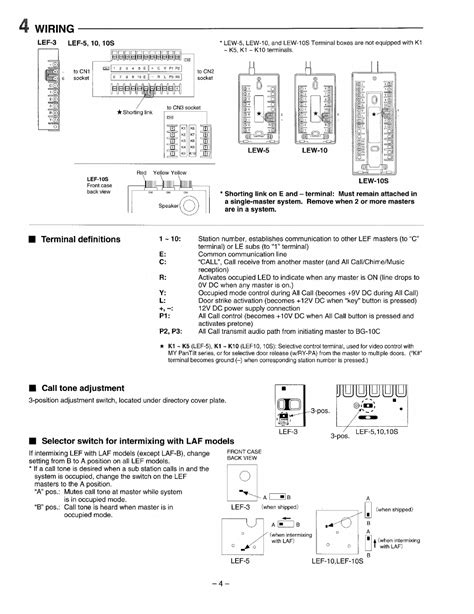 wiring terminal definitions call tone adjustment aiphone lef  user manual page