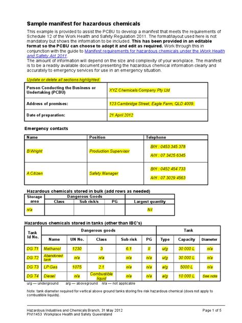 sample manifest hazardous chemicals dangerous goods occupational