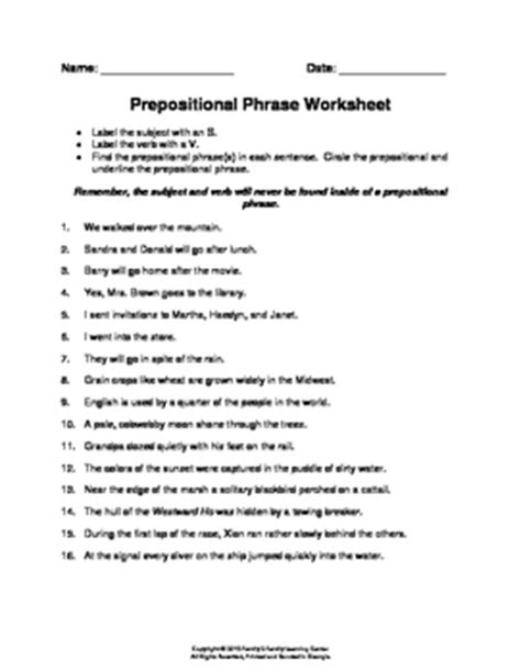 prepositional phrase worksheet  answers worksheet list