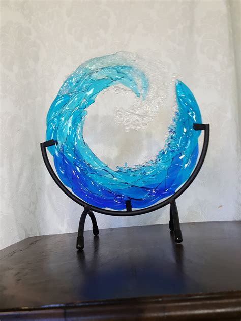 Ocean Wave Fused Glass Sculpture 8 In Round Beach Decor Sea Etsy