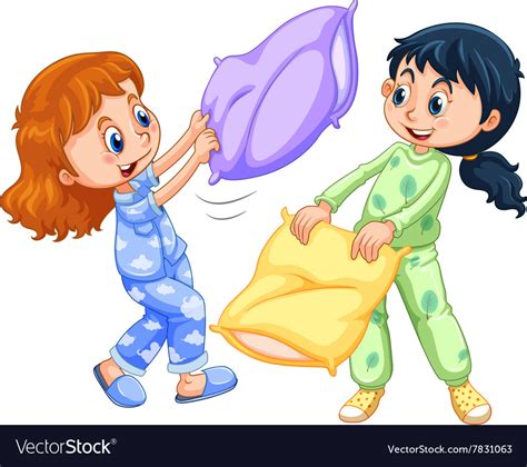 two girls playing pillow fight at slumber party vector image