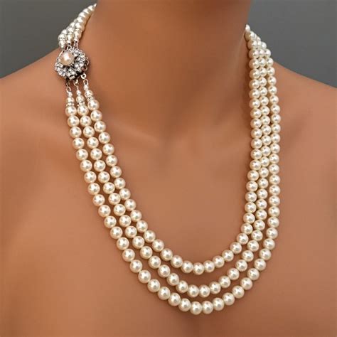 Long Pearl Necklace Set With Earrings Rhinestone Clasp 3 Etsy