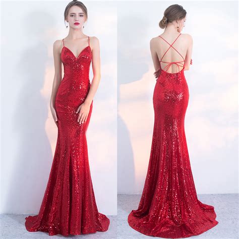 Sexy Red Mermaid Prom Dress Spaghetti Strap Prom Dresses Sparkly