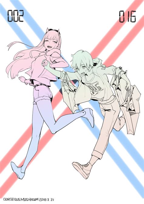zero two and hiro darling in the franxx drawn by gorgeous mushroom