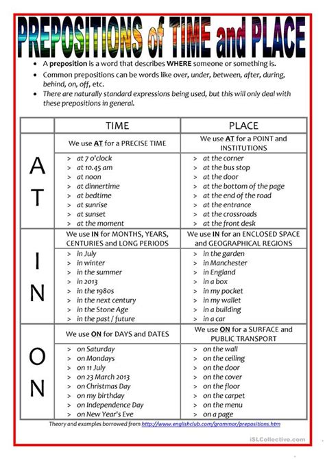 prepositions  time  place    english esl worksheets
