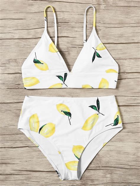 random lemon print plunge top with high waist bikini shein uk