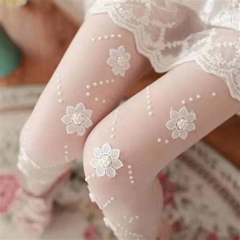 girls women sexy pantyhose white flower applique silk stockings ultra