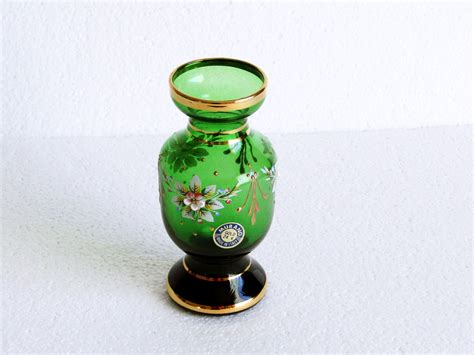 Vintage Small Green Murano Glass Vase Italian Hand Painted
