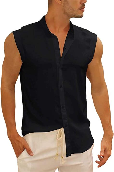 gemijacka mens sleeveless linen shirts summer button up top shirt