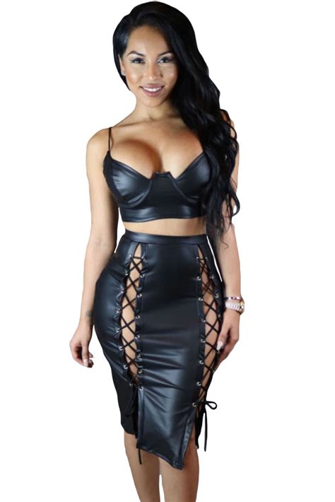 black leather lux 2 pieces crop top and skirt set online store for women sexy dresses