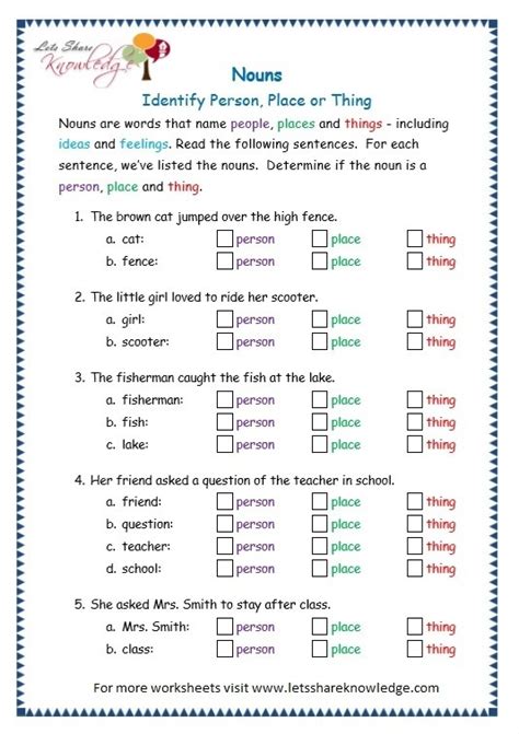 noun worksheets  grade   answers worksheets master
