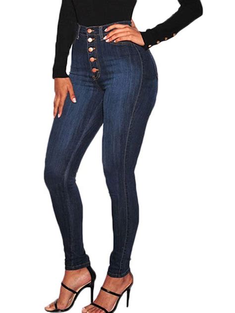 women denim button up high waist skinny jeans ladies slim stretch