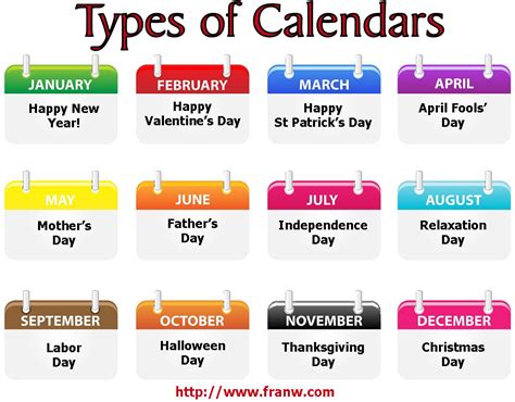 types  calendars franwcom