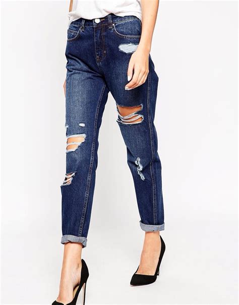 asos original mom jeans  dark wash blue  rips  asoscom jeans aderenti strappati