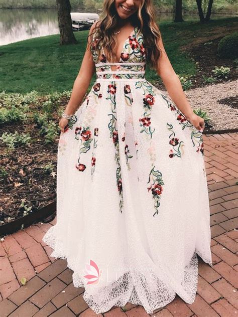 floral embroidered plunging neckline customized prom dress lunss