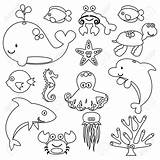 Sea Drawing Creatures Cute Line Creature Animals Ocean Animal Easy Drawings Vector Set Step Draw Octopus Getdrawings Illustration sketch template