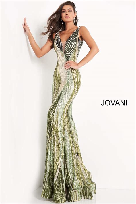 Jovani 05103 Green Sequin Low V Neck Party Dress