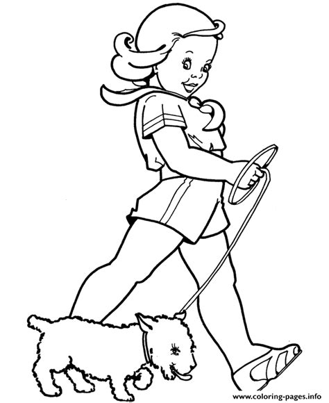 girl walking  dog  coloring page printable