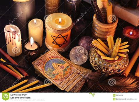 Magic Still Life With Old Tarot Cards And Candles Stock