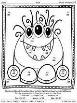 Math Subtraction Addition Coloring Color Worksheets Digit Regrouping Monsters Number Code Double Puzzles Pages Worksheet Printable Numbers Pdf Maths Puzzle sketch template