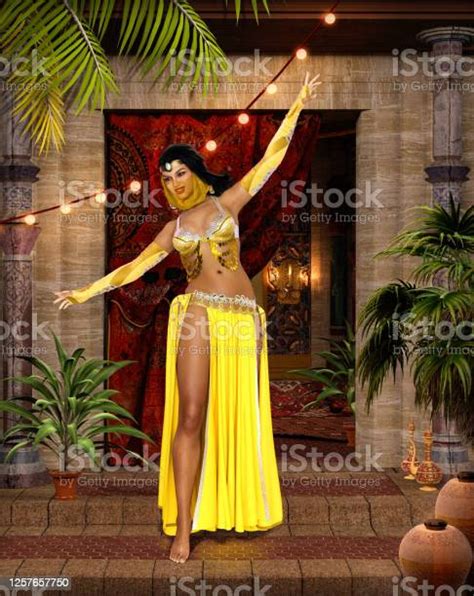 Beautiful Middle Eastern Belly Dancer With Traditional Veil And Bedlah