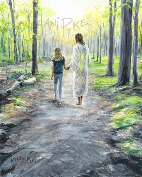 walking  jesus painting  print young girl  forest etsy