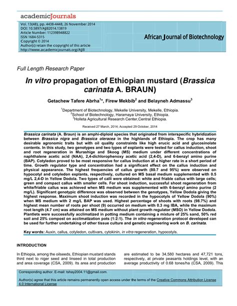 pdf in vitro propagation of ethiopian mustard brassica carinata a braun