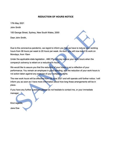 reduction  hours notice  template sample lawpath