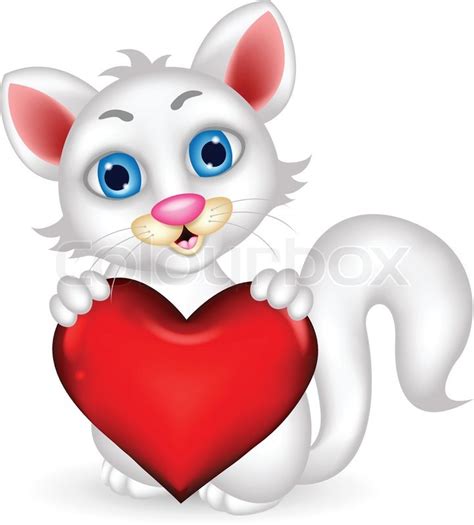 Cute Fluffy White Cat Holding Heart Love Stock Vector