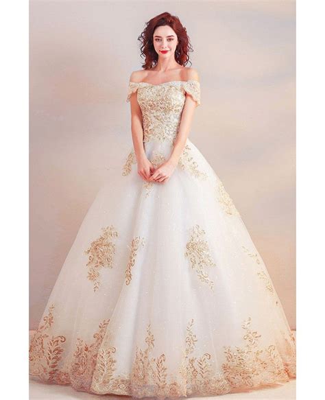 Luxury Gold Embroidery Ball Gown Wedding Dress Off Shoulder Wholesale