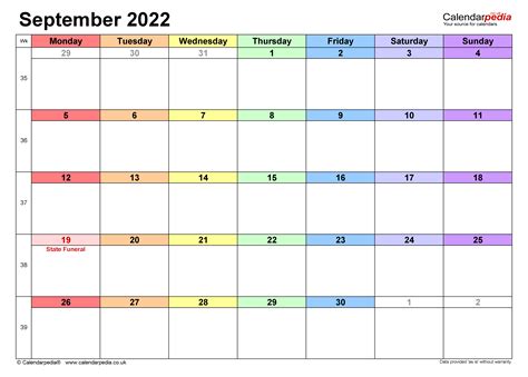 calendar september  uk  excel word   templates
