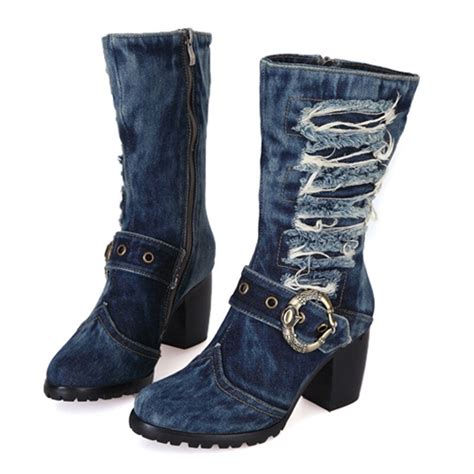 choudory  nieuwe aankomst midden kalf blue jeans laarzen cool applicaties denim laarzen voor