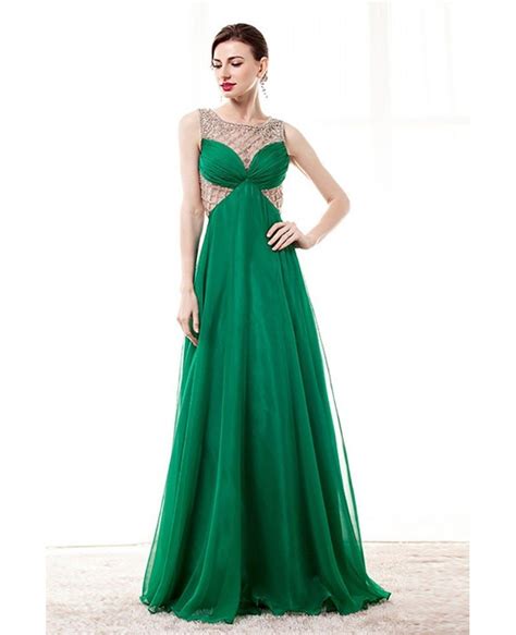 Unique Green Long Chiffon Prom Dress With Beading Grids Bodice H76060