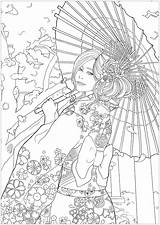 Coloring Version Japan Elegant Woman Japanese Cherry Easy Most Beautiful Hanami Pages Blossoms Yukata Temple Young Front Her Celebrating Adult sketch template